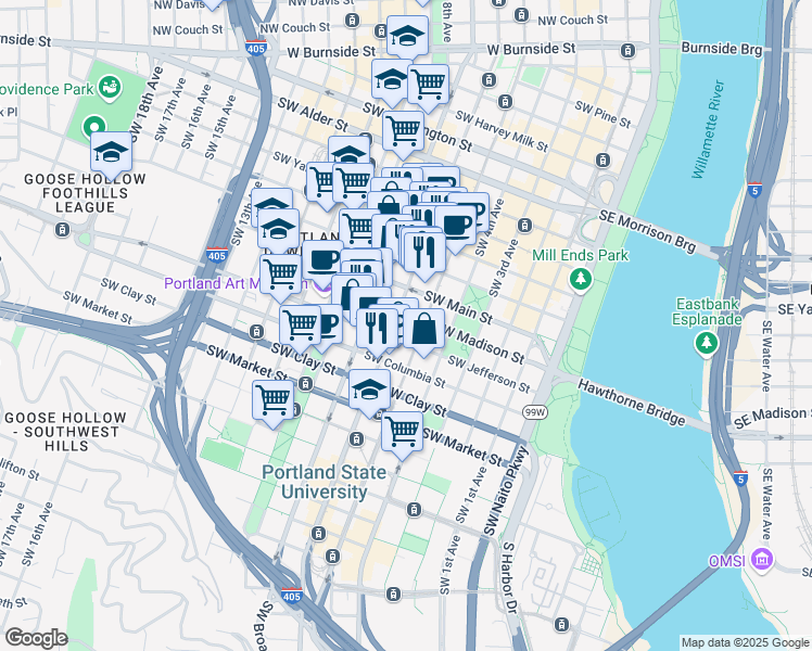 map of restaurants, bars, coffee shops, grocery stores, and more near in Portland