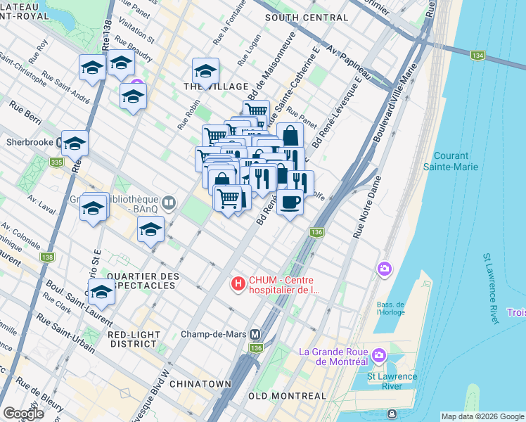 map of restaurants, bars, coffee shops, grocery stores, and more near 925 Boulevard René-Lévesque Est in Montreal
