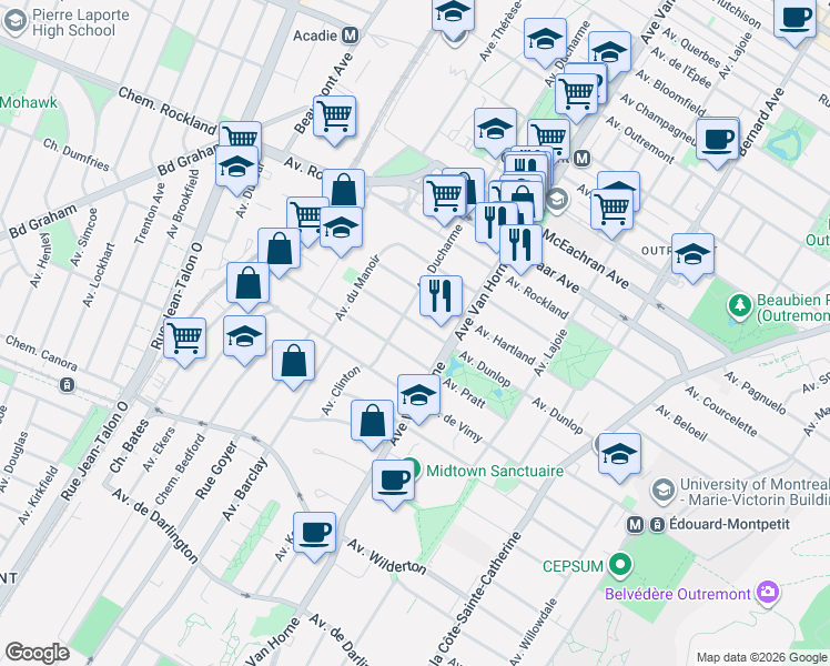 map of restaurants, bars, coffee shops, grocery stores, and more near 852 Avenue Dunlop in Montréal