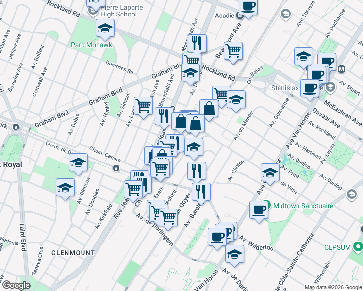 map of restaurants, bars, coffee shops, grocery stores, and more near 200 Chemin Bates in Mont-Royal