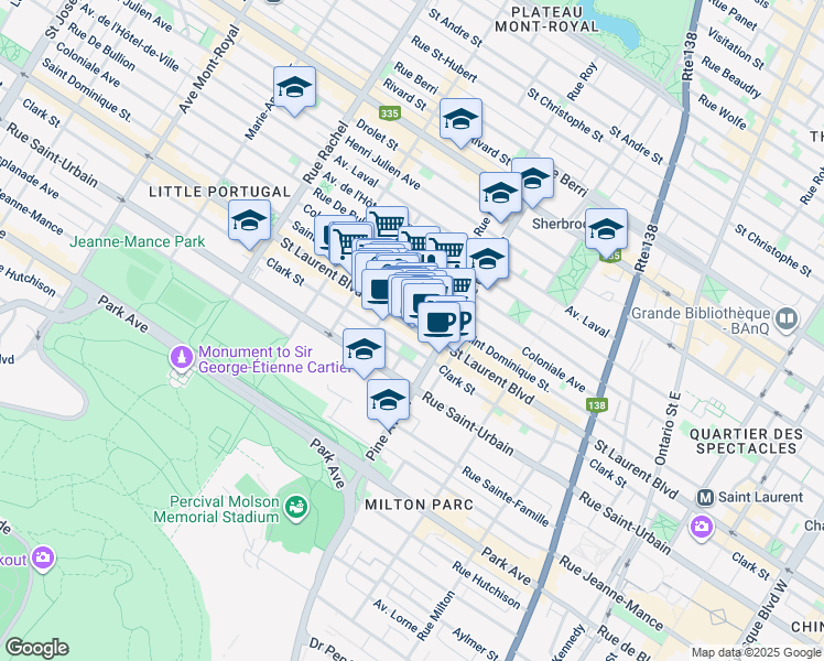 map of restaurants, bars, coffee shops, grocery stores, and more near in Montreal