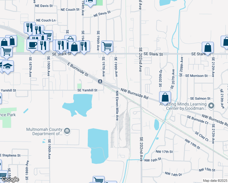 map of restaurants, bars, coffee shops, grocery stores, and more near 19919 East Burnside Street in Portland
