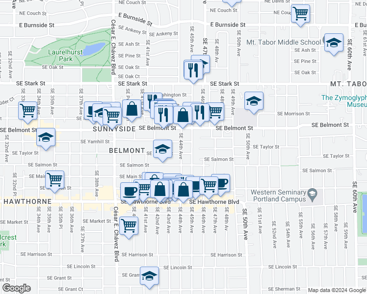 map of restaurants, bars, coffee shops, grocery stores, and more near 4263 Southeast Belmont Street in Portland