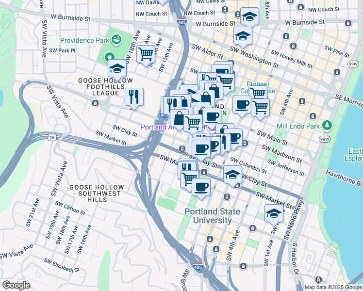 map of restaurants, bars, coffee shops, grocery stores, and more near 1129 Southwest Columbia Street in Portland