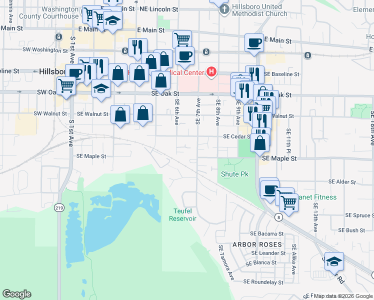 map of restaurants, bars, coffee shops, grocery stores, and more near 612 Southeast Cedar Street in Hillsboro