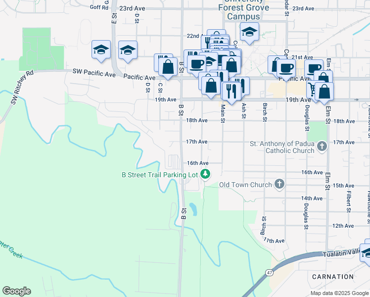 map of restaurants, bars, coffee shops, grocery stores, and more near 1805 17th Avenue in Forest Grove