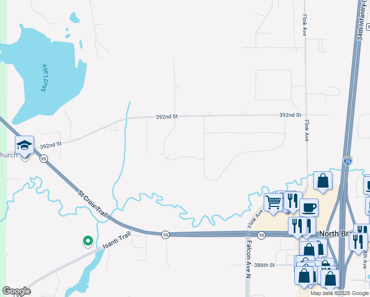 map of restaurants, bars, coffee shops, grocery stores, and more near 5040 390th Street in North Branch