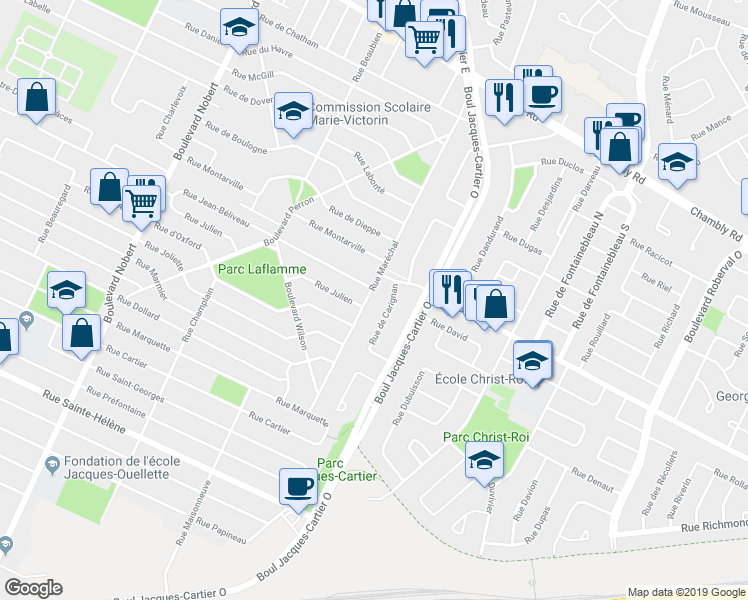 map of restaurants, bars, coffee shops, grocery stores, and more near 690 Rue Maréchal in Longueuil