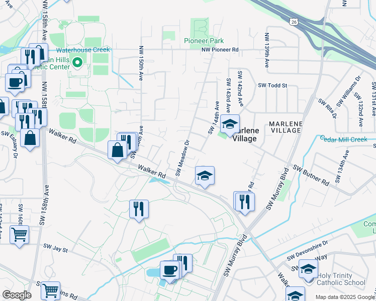 map of restaurants, bars, coffee shops, grocery stores, and more near 515 Southwest Meadow Drive in Beaverton