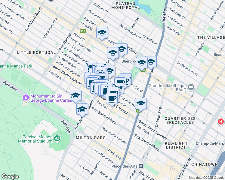 map of restaurants, bars, coffee shops, grocery stores, and more near 3673 Avenue Coloniale in Montréal