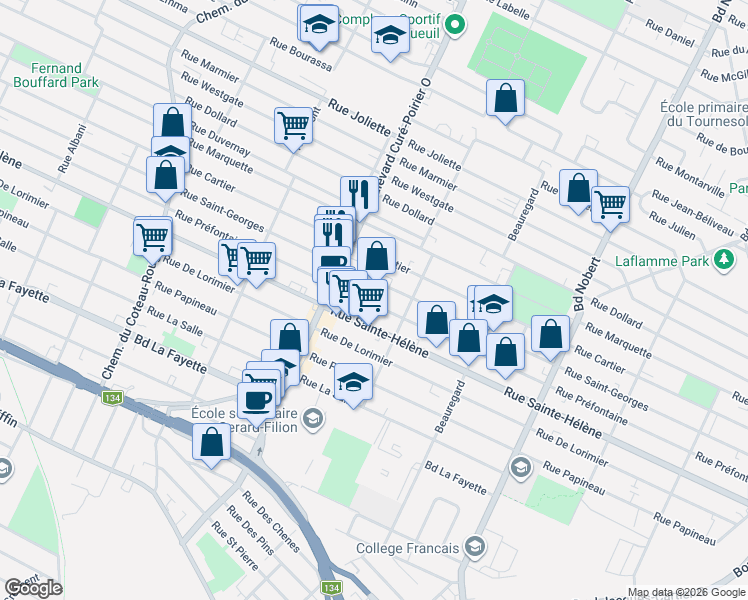 map of restaurants, bars, coffee shops, grocery stores, and more near 1971 Rue Préfontaine in Longueuil