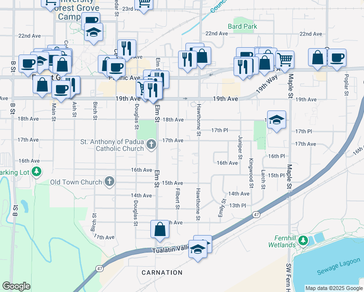 map of restaurants, bars, coffee shops, grocery stores, and more near 2606 17th Avenue in Forest Grove
