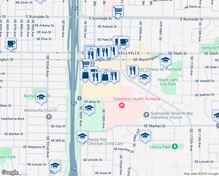 map of restaurants, bars, coffee shops, grocery stores, and more near 9970 Southeast Washington Street in Portland