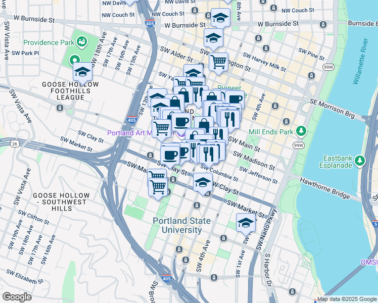 map of restaurants, bars, coffee shops, grocery stores, and more near 1300 Southwest Park Avenue in Portland