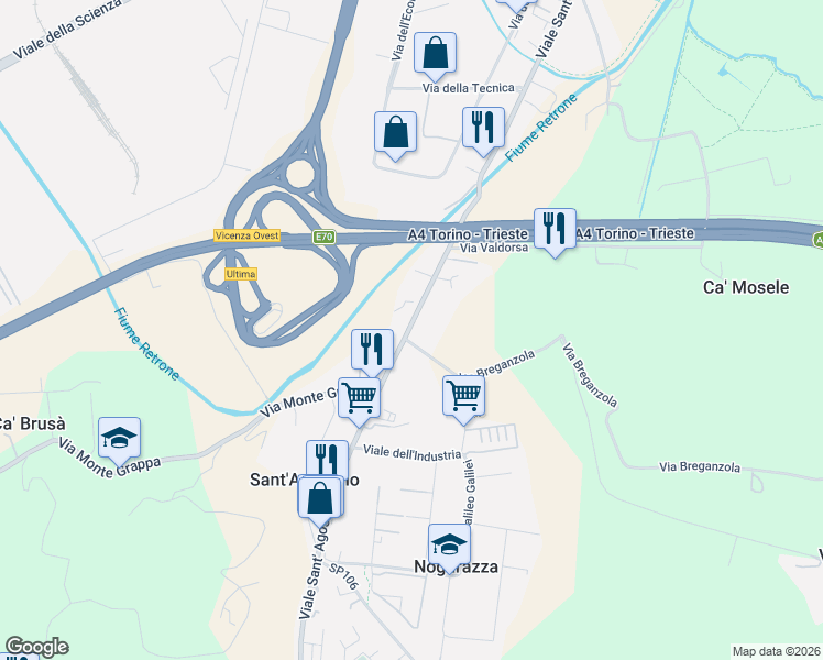map of restaurants, bars, coffee shops, grocery stores, and more near 512 Viale Sant'Agostino in Vicenza