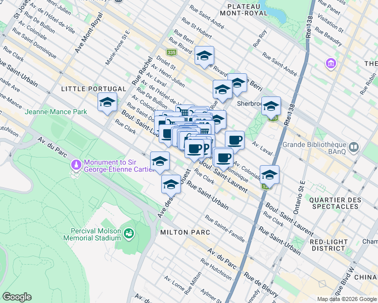 map of restaurants, bars, coffee shops, grocery stores, and more near 3781 Boulevard Saint-Laurent in Montréal
