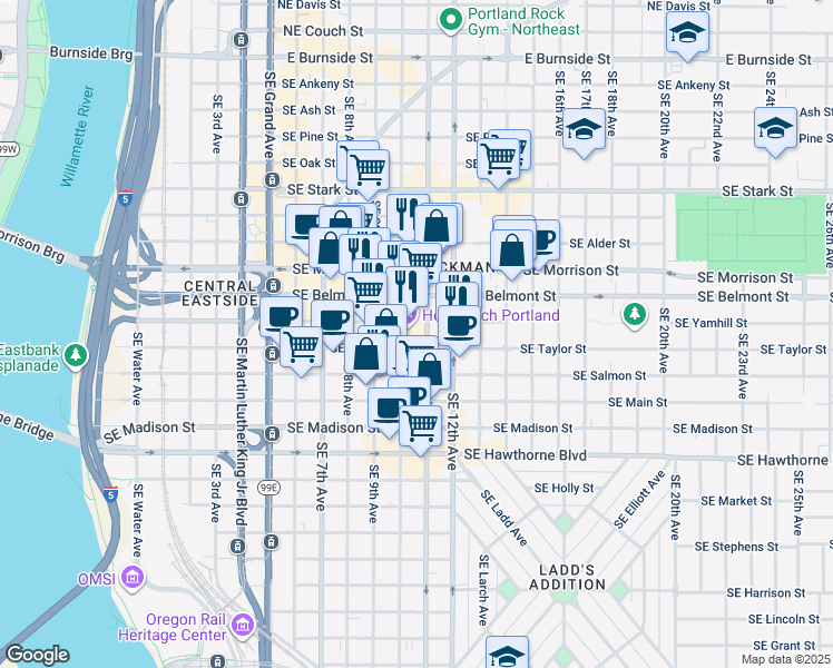 map of restaurants, bars, coffee shops, grocery stores, and more near 1025 Southeast 11th Avenue in Portland