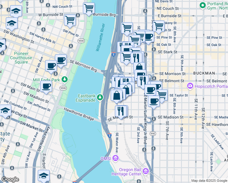 map of restaurants, bars, coffee shops, grocery stores, and more near 1001 Southeast Water Avenue in Portland