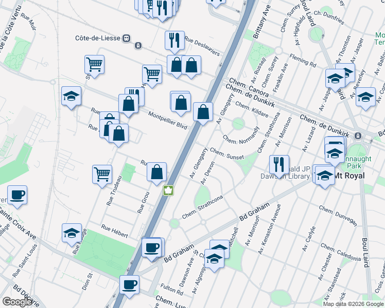 map of restaurants, bars, coffee shops, grocery stores, and more near 3058 Chemin de la Côte-de-Liesse in Mont-Royal