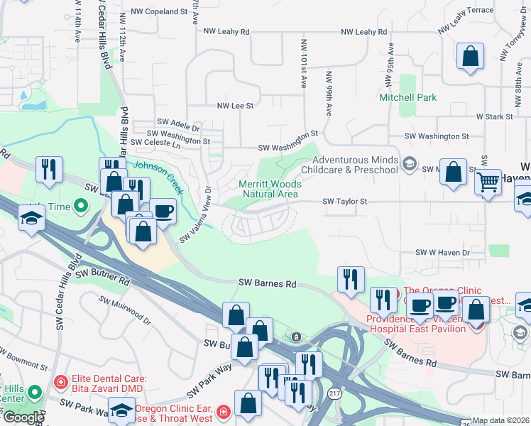 map of restaurants, bars, coffee shops, grocery stores, and more near 10300 Southwest Taylor Street in Portland
