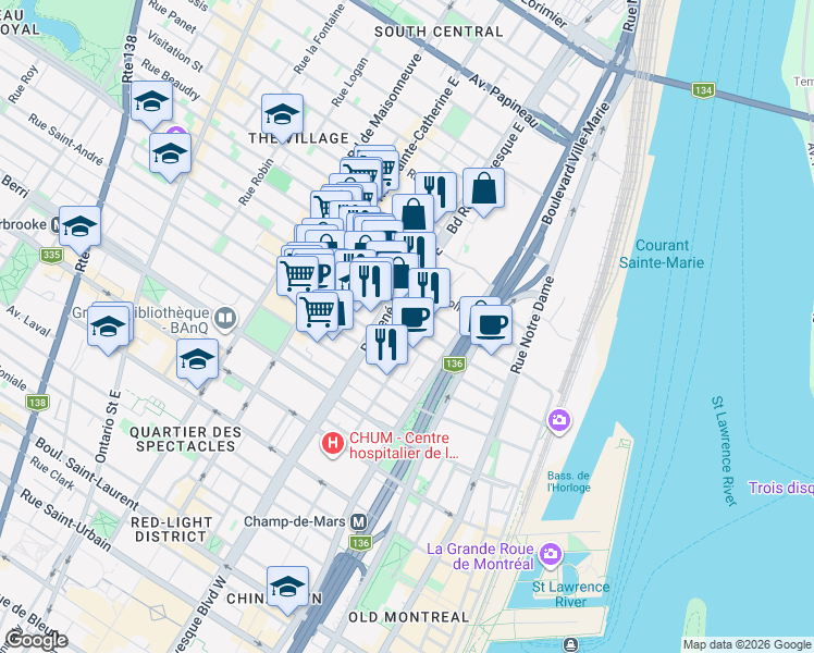 map of restaurants, bars, coffee shops, grocery stores, and more near 1096 Rue Saint-Timothée in Montréal