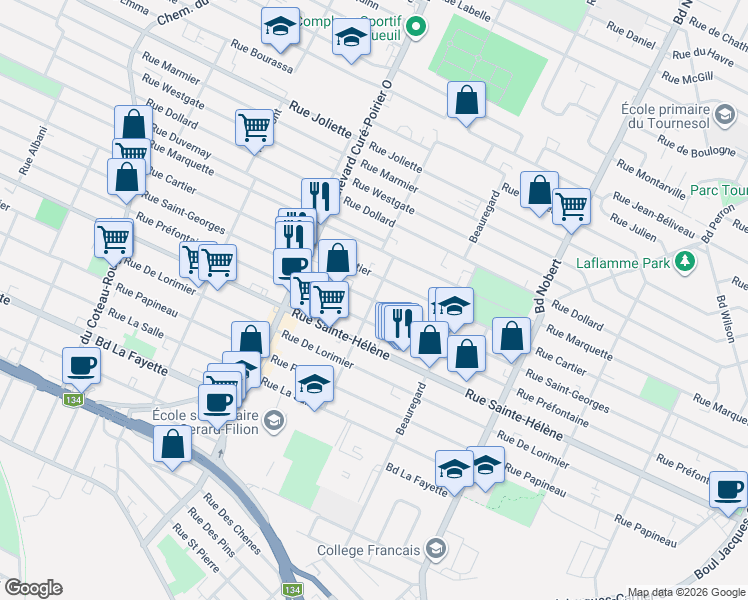 map of restaurants, bars, coffee shops, grocery stores, and more near 2038 Rue Saint-Georges in Longueuil