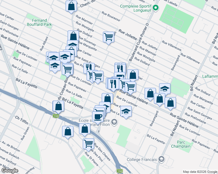 map of restaurants, bars, coffee shops, grocery stores, and more near 1826 Rue Sainte-Hélène in Longueuil