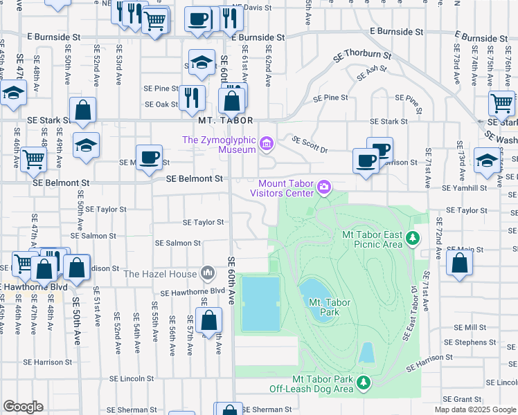 map of restaurants, bars, coffee shops, grocery stores, and more near 6381 Southeast Yamhill Street in Portland