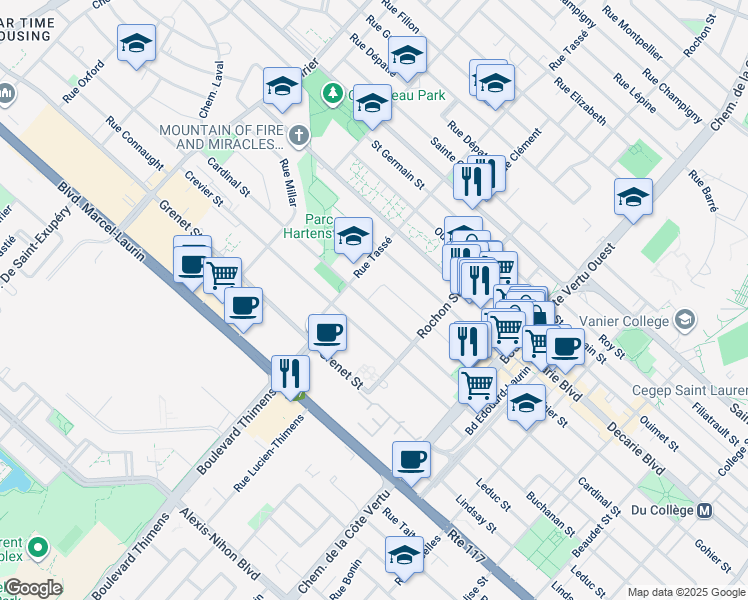 map of restaurants, bars, coffee shops, grocery stores, and more near 1345 Rue Cardinal in Montréal