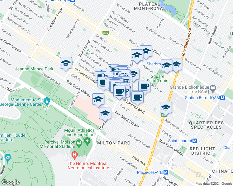 map of restaurants, bars, coffee shops, grocery stores, and more near 3781 Boulevard Saint-Laurent in Montréal