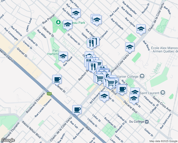 map of restaurants, bars, coffee shops, grocery stores, and more near 1190 Rue Décarie in Montréal