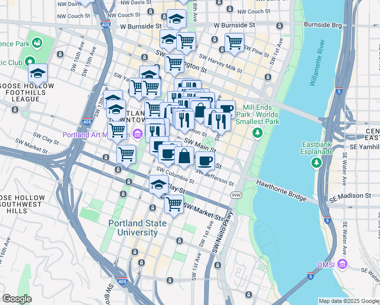 map of restaurants, bars, coffee shops, grocery stores, and more near 500 Southwest Main Street in Portland