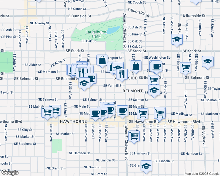 map of restaurants, bars, coffee shops, grocery stores, and more near 3735 Southeast Yamhill Street in Portland