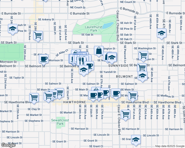 map of restaurants, bars, coffee shops, grocery stores, and more near 928 Southeast 35th Avenue in Portland