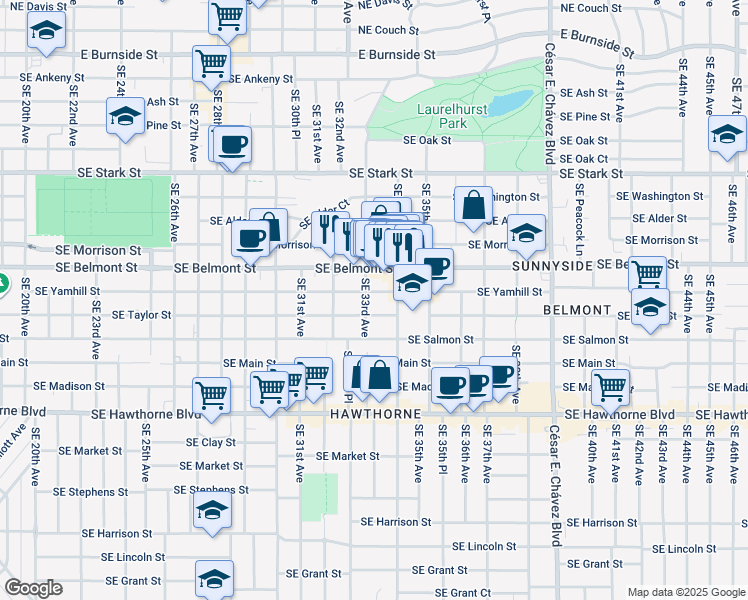 map of restaurants, bars, coffee shops, grocery stores, and more near 3326 Southeast Belmont Street in Portland