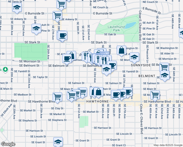 map of restaurants, bars, coffee shops, grocery stores, and more near 3326 Southeast Belmont Street in Portland