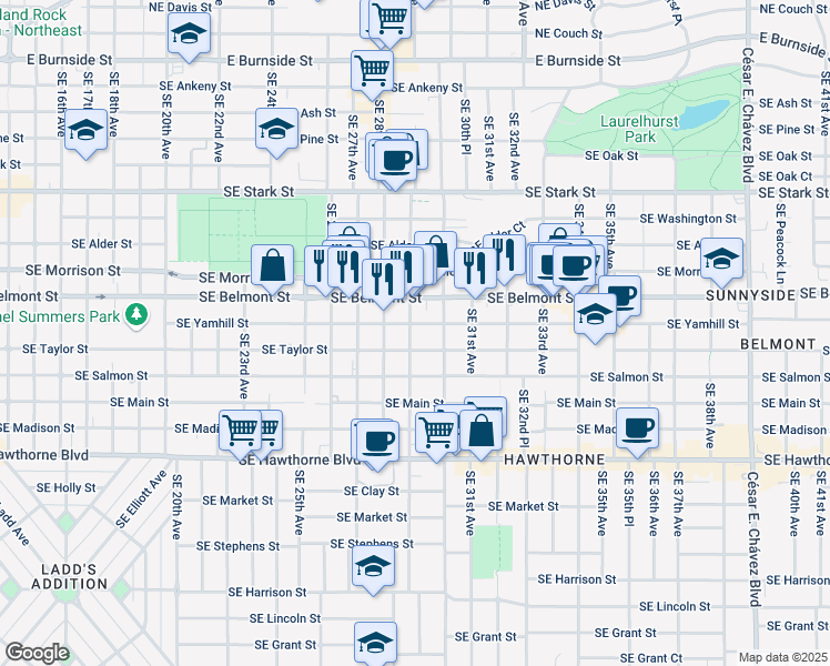 map of restaurants, bars, coffee shops, grocery stores, and more near in Portland