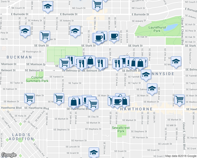 map of restaurants, bars, coffee shops, grocery stores, and more near 2805 Southeast Yamhill Street in Portland