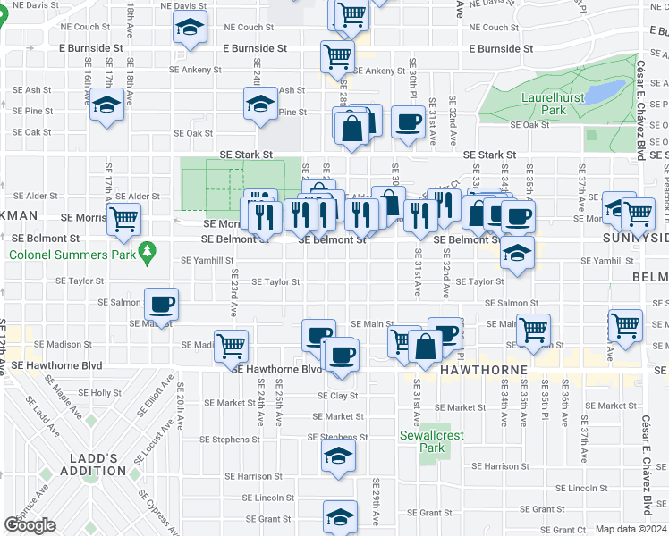 map of restaurants, bars, coffee shops, grocery stores, and more near 2805 Southeast Yamhill Street in Portland