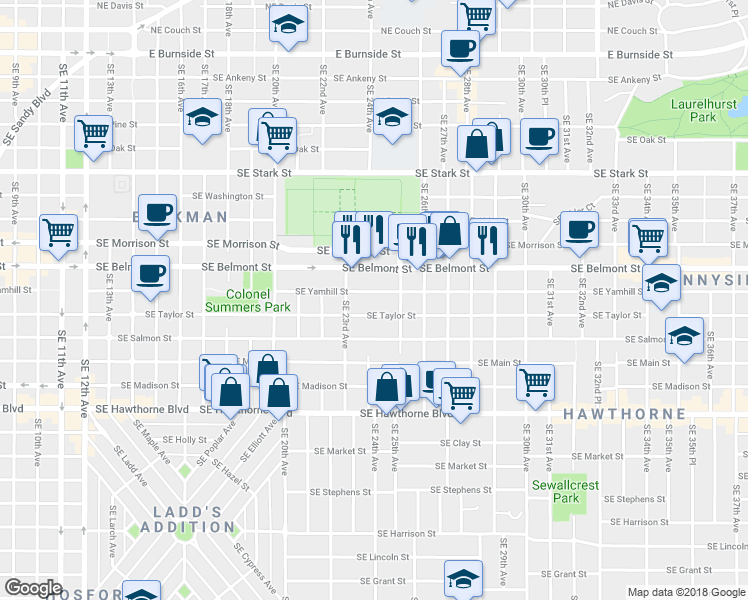 map of restaurants, bars, coffee shops, grocery stores, and more near 2345 Southeast Yamhill Street in Portland