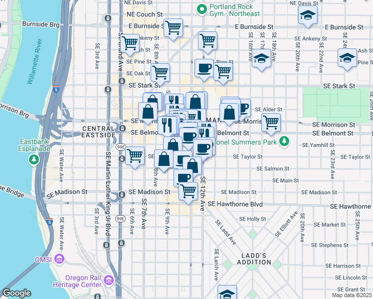 map of restaurants, bars, coffee shops, grocery stores, and more near 975 Southeast 11th Avenue in Portland