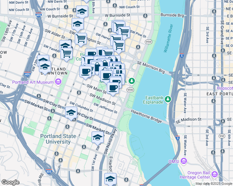 map of restaurants, bars, coffee shops, grocery stores, and more near 1030 Southwest 3rd Avenue in Portland