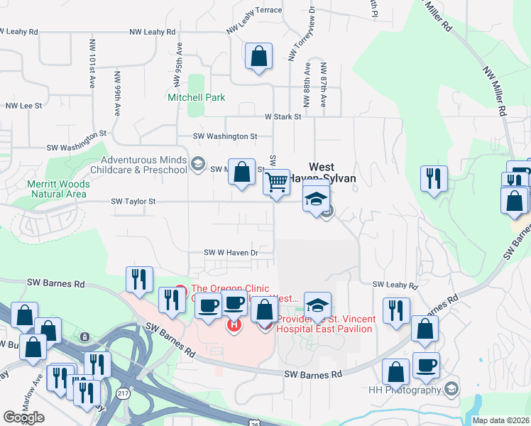 map of restaurants, bars, coffee shops, grocery stores, and more near 9095 Southwest Taylor Street in Portland