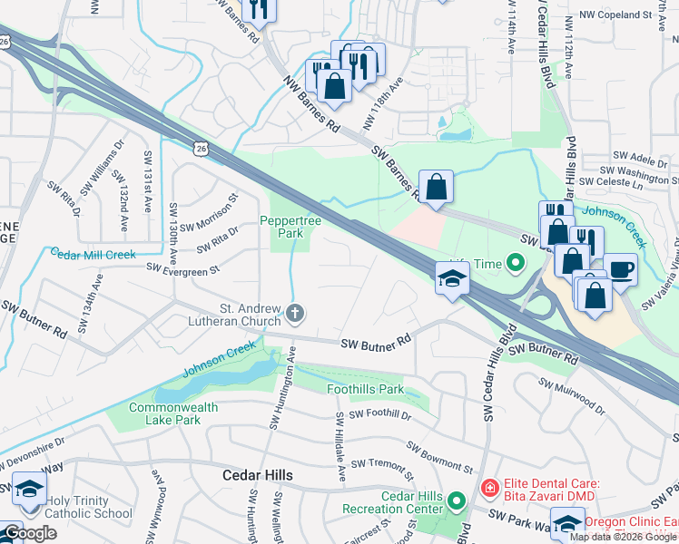 map of restaurants, bars, coffee shops, grocery stores, and more near 12125 Southwest Taylor Court in Portland