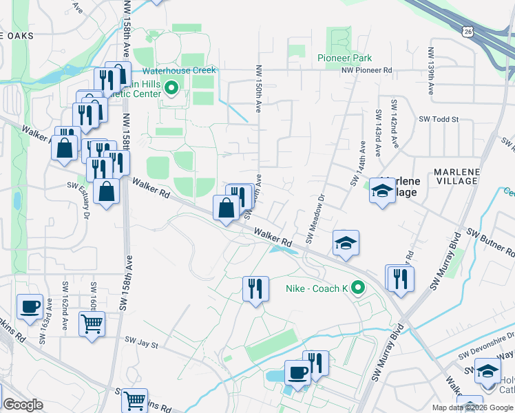 map of restaurants, bars, coffee shops, grocery stores, and more near 525 Southwest 150th Avenue in Beaverton