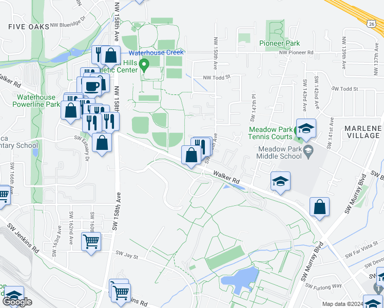map of restaurants, bars, coffee shops, grocery stores, and more near 15203 Southwest Walker Road in Beaverton
