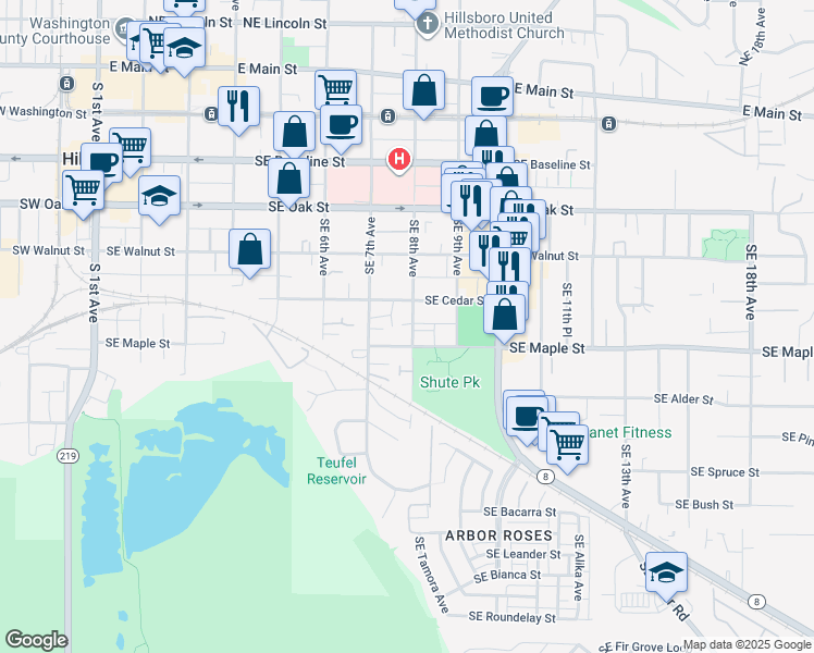 map of restaurants, bars, coffee shops, grocery stores, and more near 607 Southeast 8th Avenue in Hillsboro