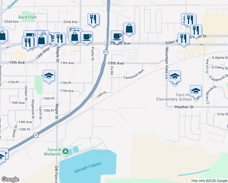 map of restaurants, bars, coffee shops, grocery stores, and more near 1710 Fir Road in Forest Grove