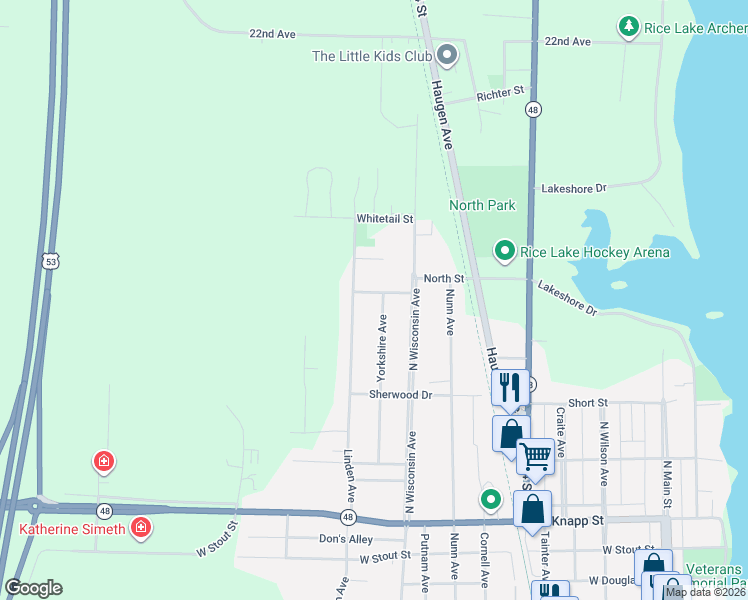 map of restaurants, bars, coffee shops, grocery stores, and more near 803 Nottingham Street in Rice Lake