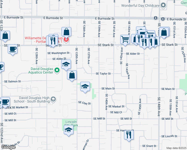 map of restaurants, bars, coffee shops, grocery stores, and more near 13818 Southeast Taylor Street in Portland